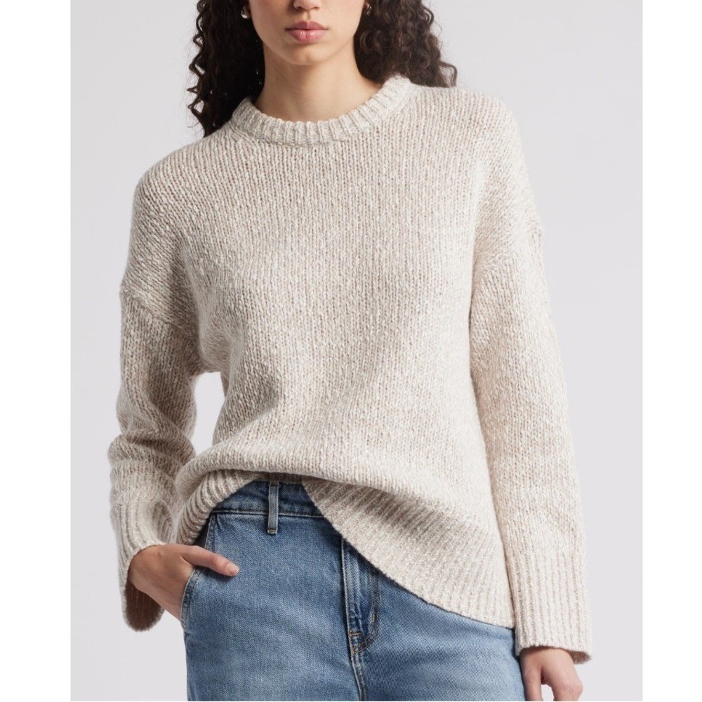 NORDSTROM Marled Cotton & Wool Crewneck‎ Sweater, Size Medium, Beige/Ivory, NWT
